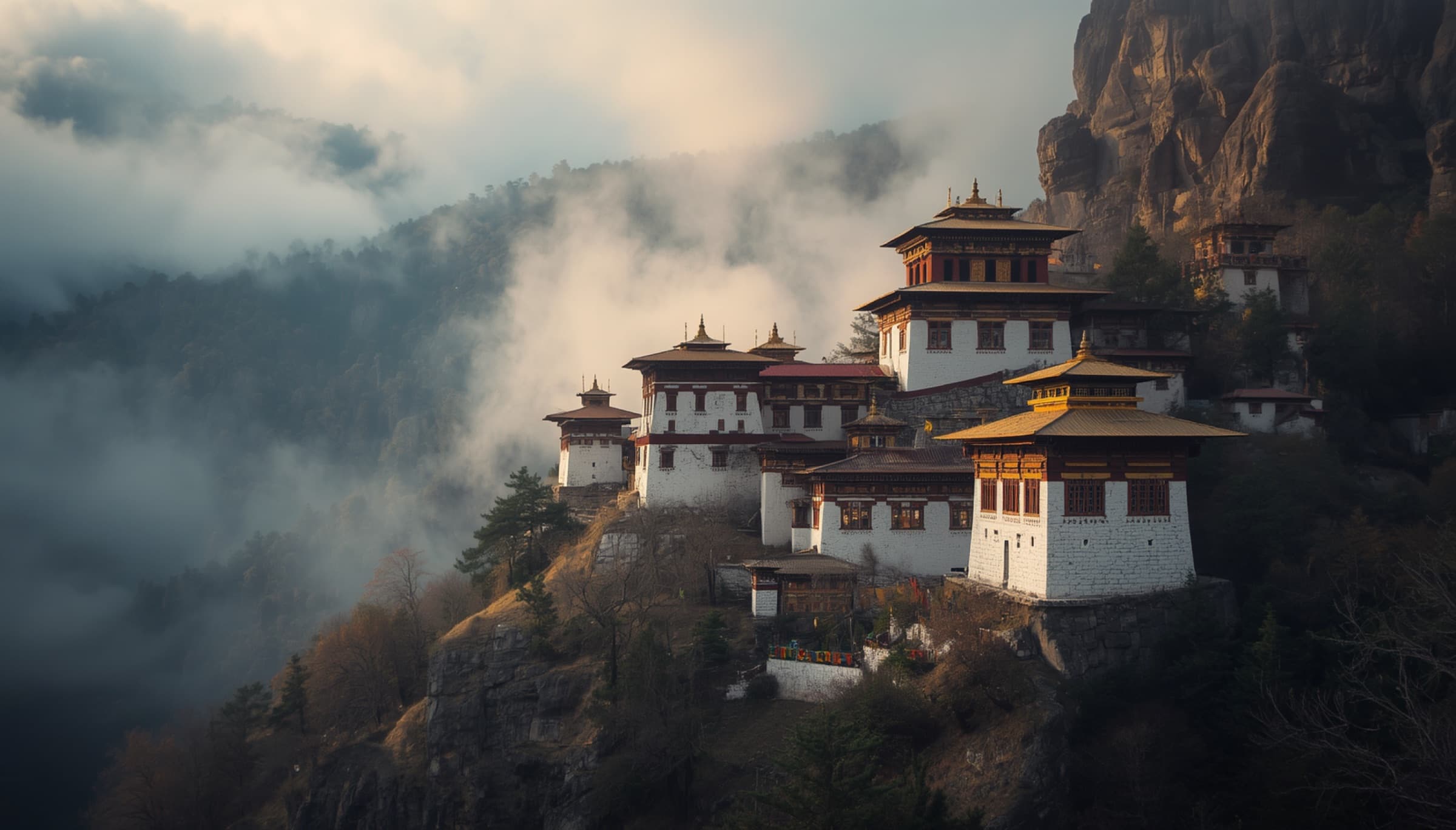 Traditional Bhutanese dzong perched on a misty Himalayan cliffside