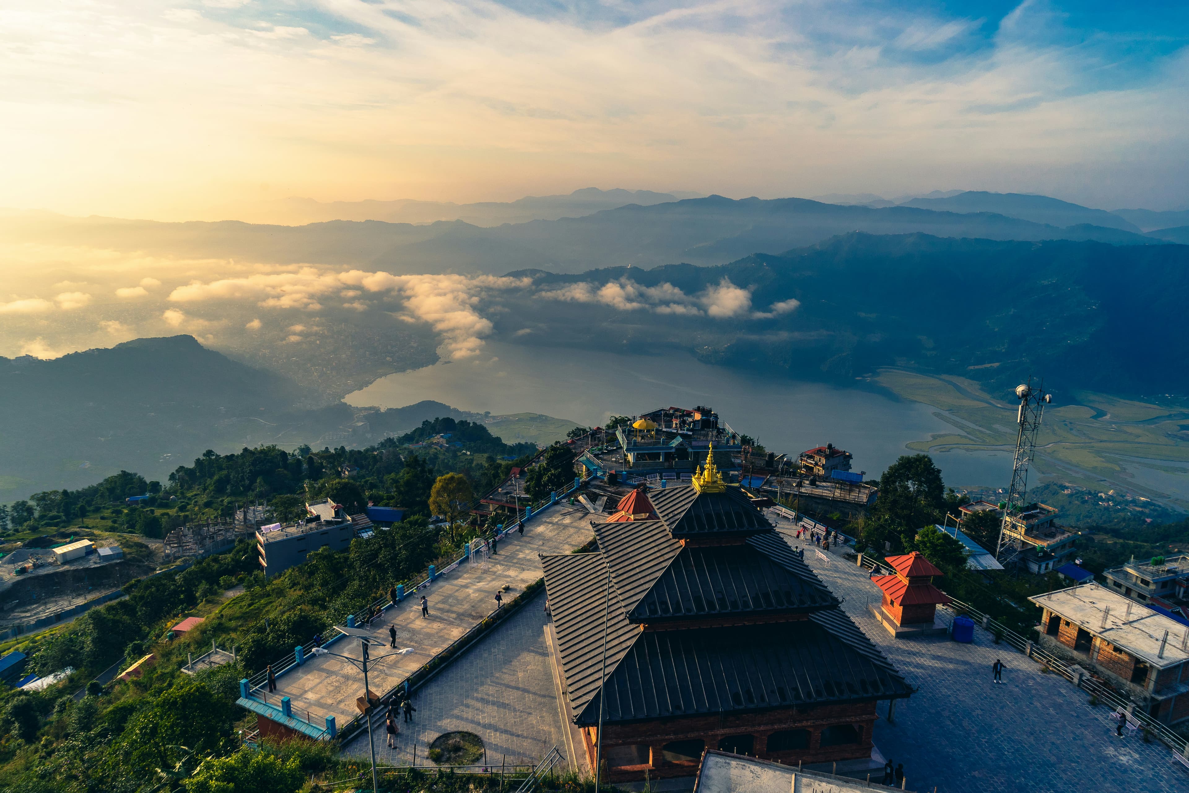 World Peace Pagoda above Pokhara and Phewa Lake at dawn, Nepal highlights